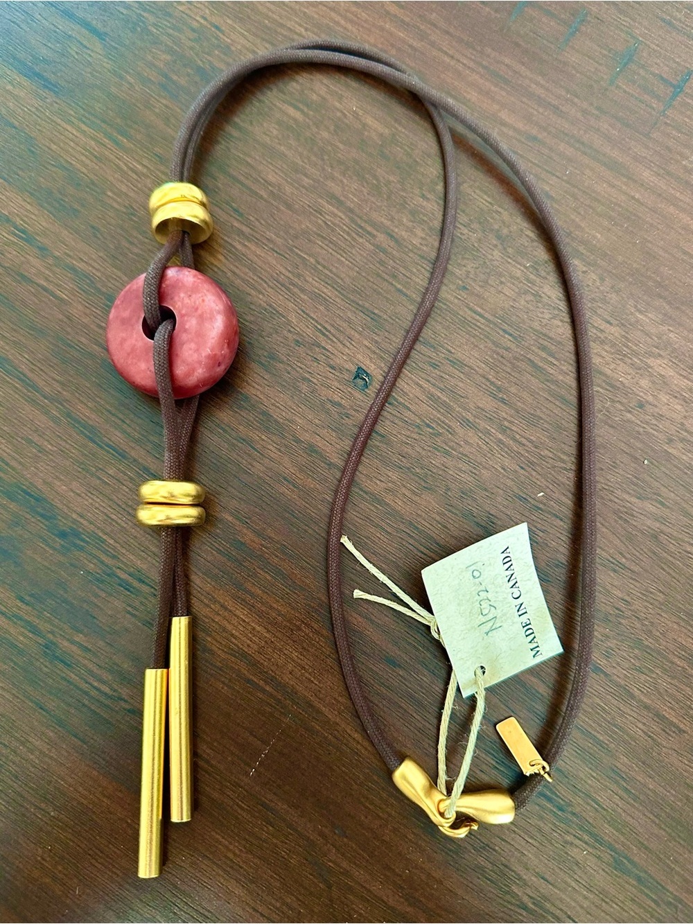 Artisan Statement Necklace Canadian Brown Cord Gold Tone Details Rose Stone New